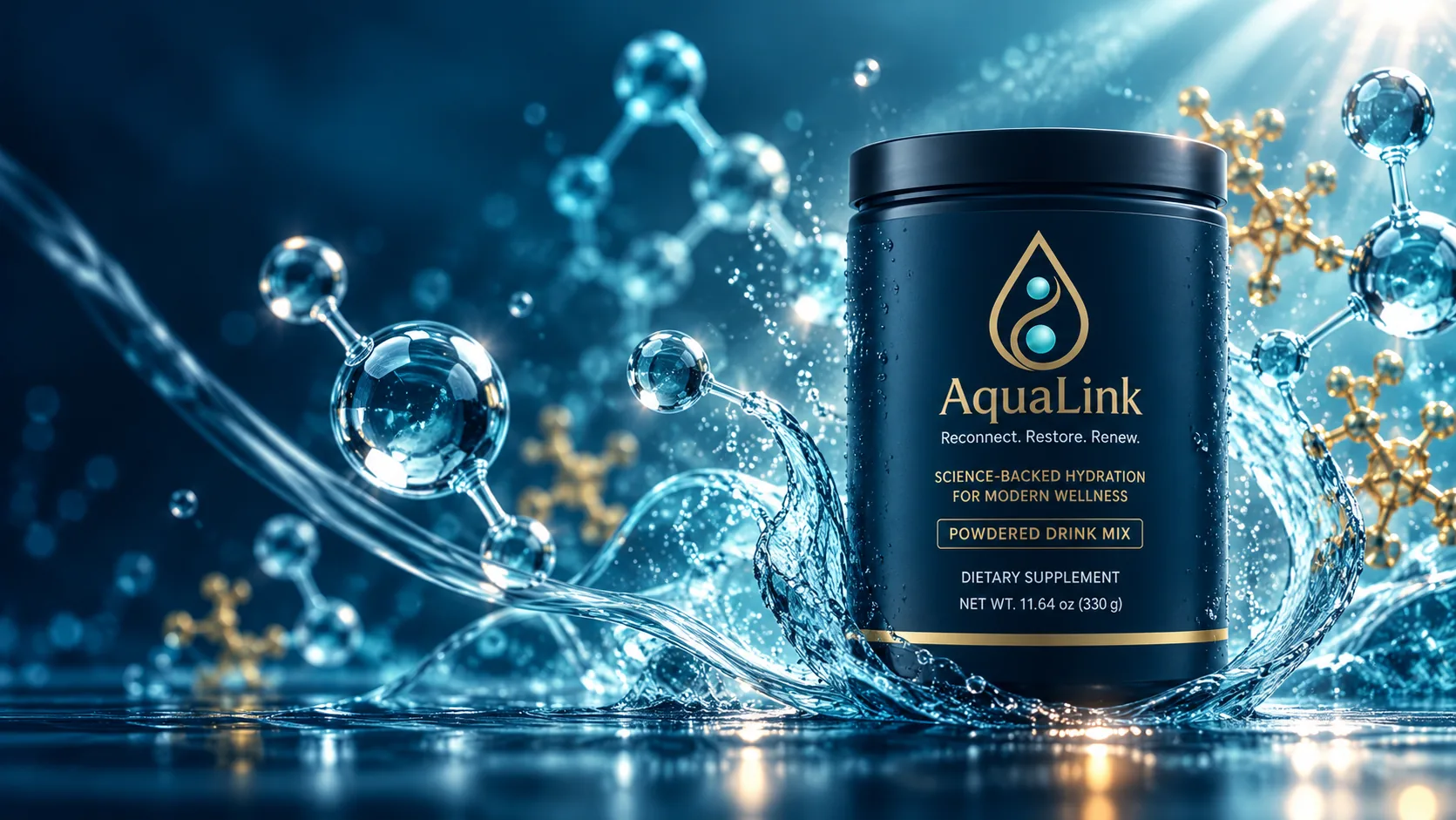 A woman drinking a glass of water at a sunlit kitchen counter, with the AquaLink powdered drink mix tub beside her
