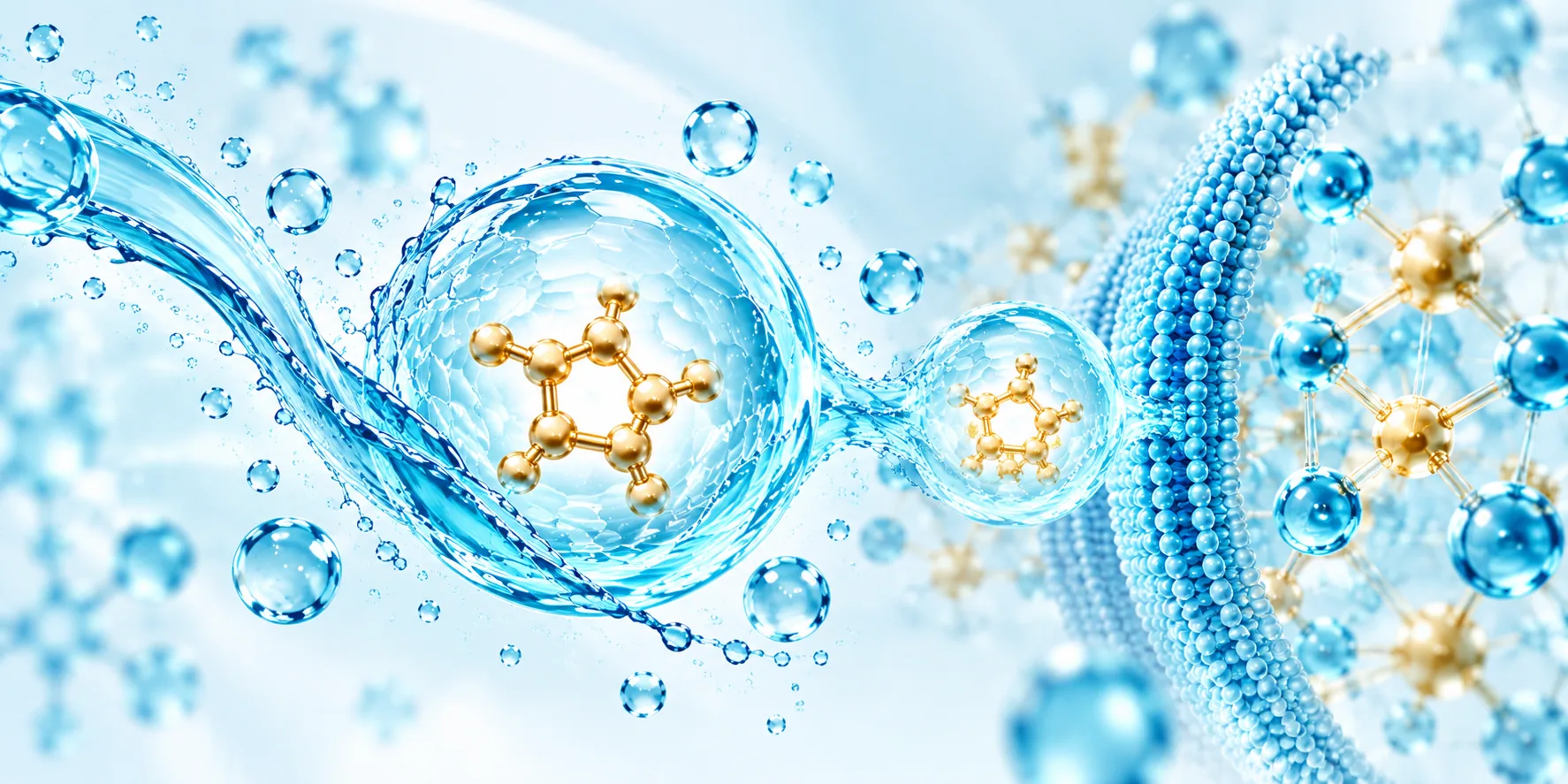 Illustration of gold ring-shaped molecules held inside spheres of water, beside a coiled blue strand