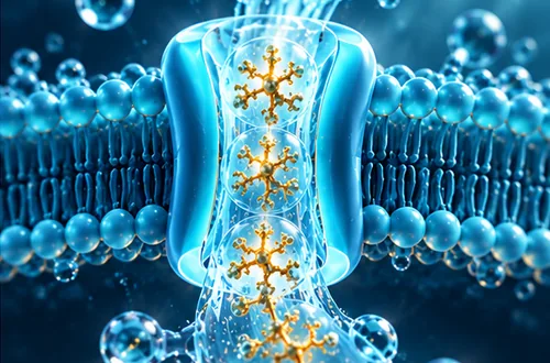 Illustration of the hydration shell crossing a cell membrane channel